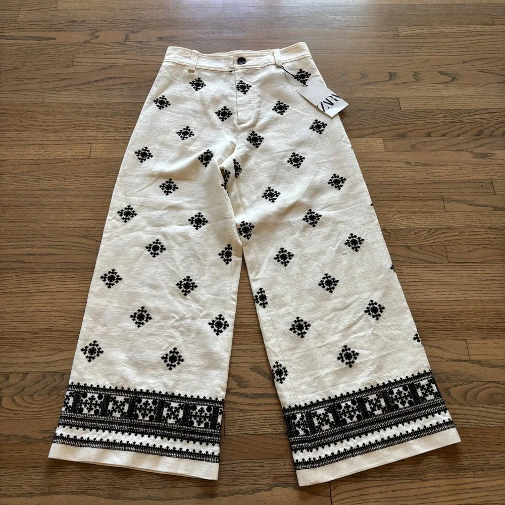 Zara Embroidered Linen Blend Wide Leg Pants White Black XS NEW